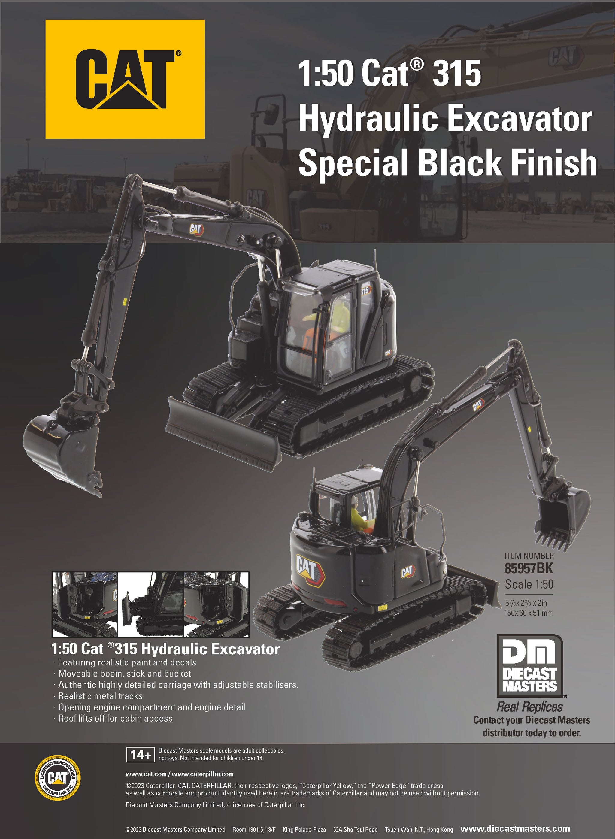 1:50 Cat® 315 Hydraulic Excavator Special Black Finish, High Line